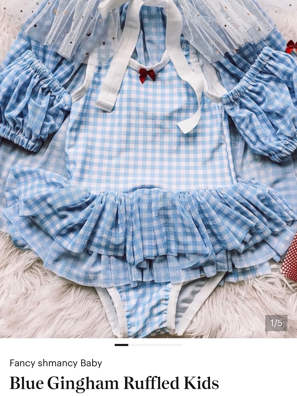Blue Gingham Ruffled Girls Swimwear with Bow Accent